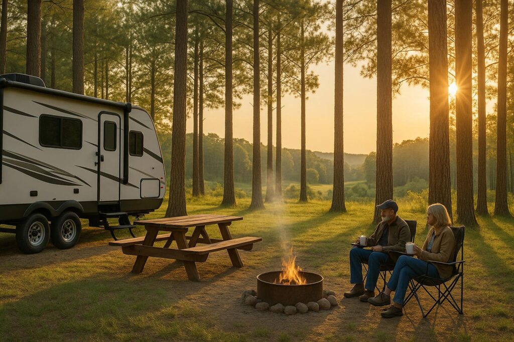 RV park in San Augustine County with pine trees, campfire, and couple enjoying coffee at Bland Lake Hideaway
