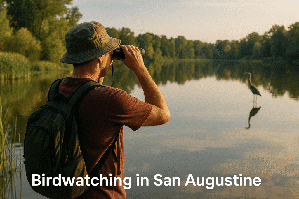 Man birdwatching by a quiet lake in San Augustine, Texas, with a great blue heron in the water