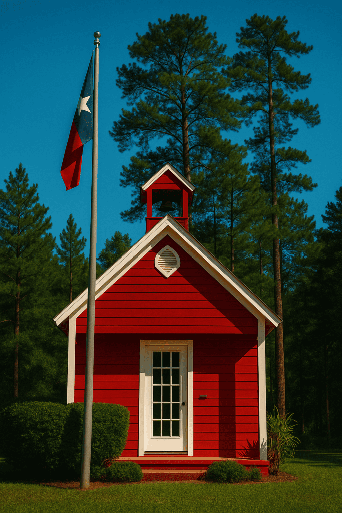 A bright red one-room schoolhouse with white trim stands in front of tall pine trees in San Augustine, Texas, with a Texas flag waving beside it under a clear blue sky.