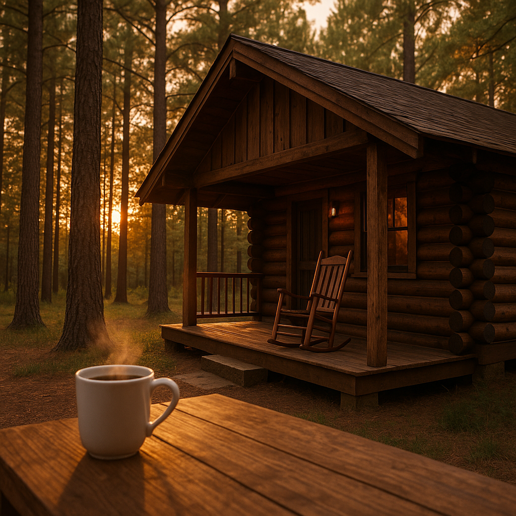A cozy log cabin surrounded by pine trees in East Texas, with a rocking chair on the front porch, golden evening light, and a steaming cup of coffee on a wood table.