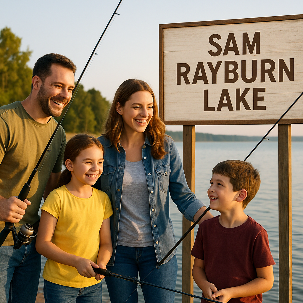 A smiling family of four fishing at Sam Rayburn Lake in San Augustine, Texas, with a wooden sign that reads "Sam Rayburn Lake" in the background.