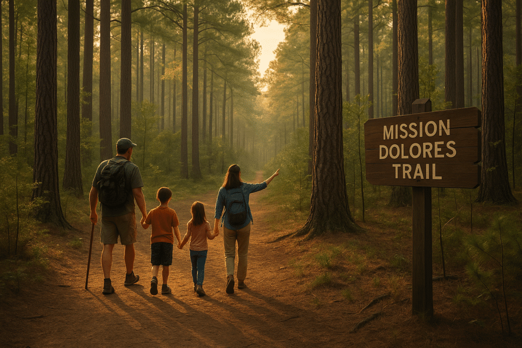 Family hiking on the Mission Dolores Trail near San Augustine, Texas, surrounded by East Texas pine trees.