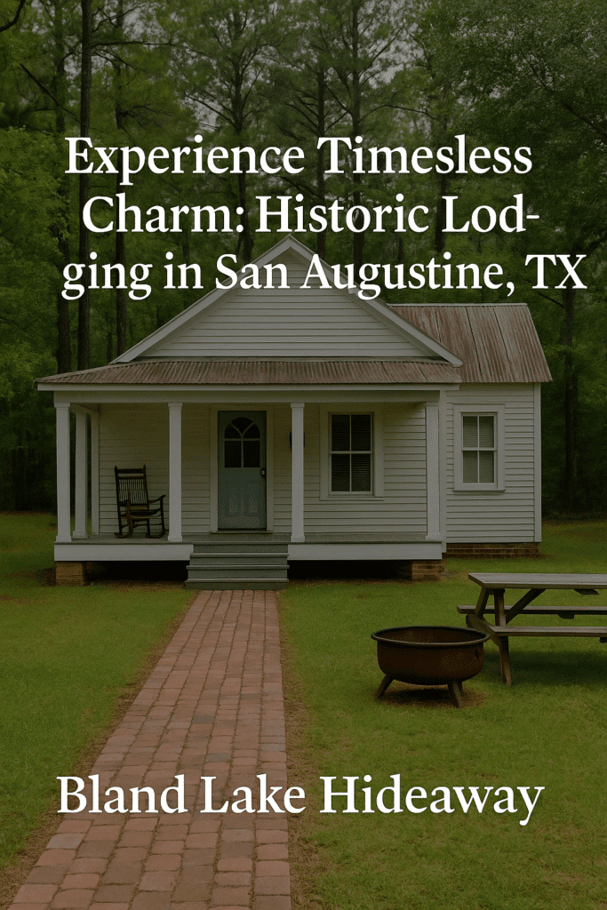 Historic cabin lodging in San Augustine, TX with front porch, rocking chair, fire pit, and pine trees—Bland Lake Hideaway vacation rental.