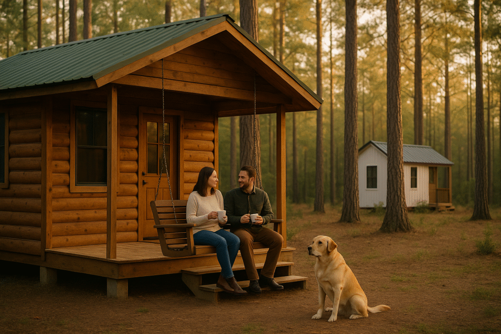 Quiet cabin rental with porch swing, happy couple, and dog in pine forest near San Augustine, Texas