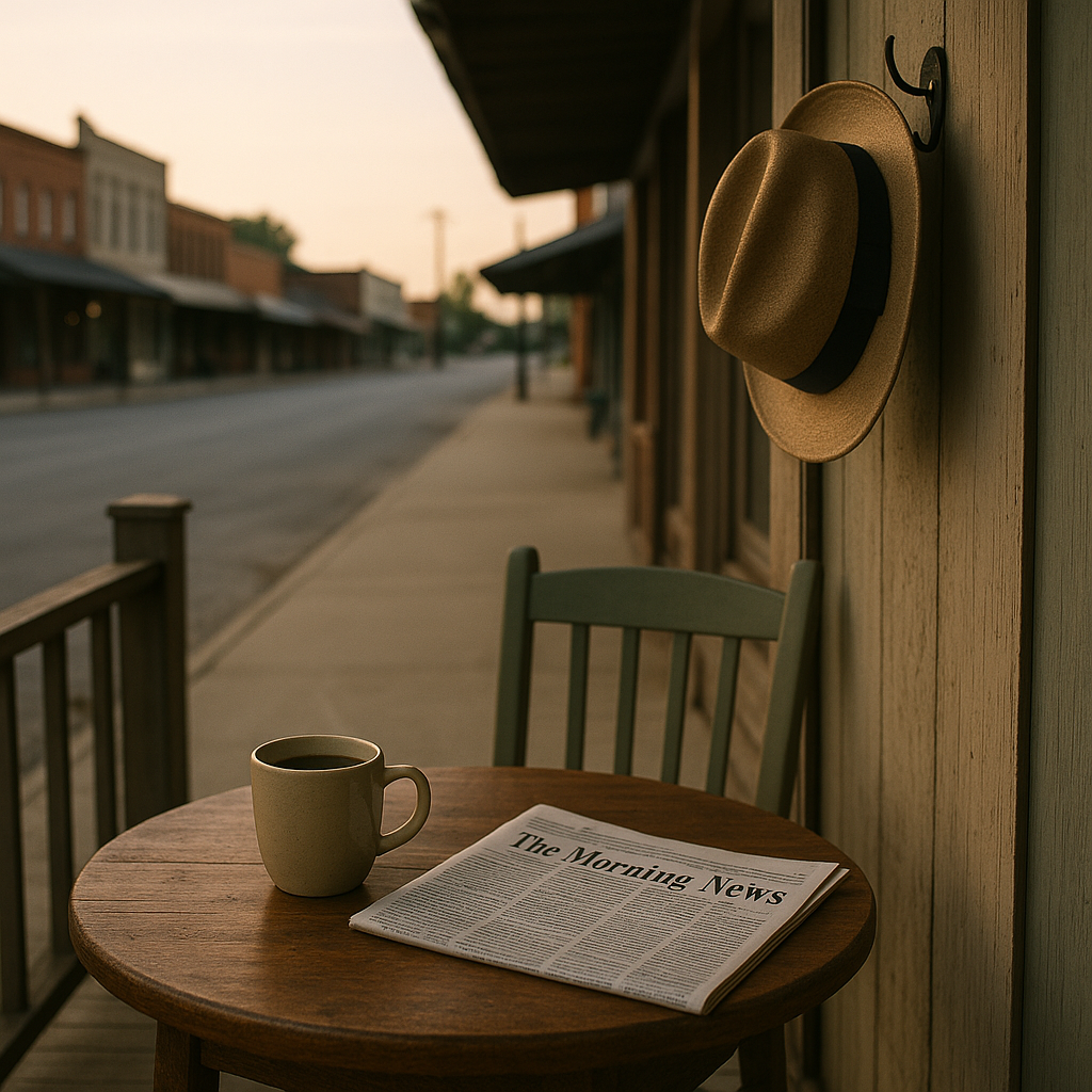 Quiet morning in a small Texas town with coffee, a folded newspaper, and a hat hanging on the wall—perfect for peaceful getaways near San Augustine, TX.