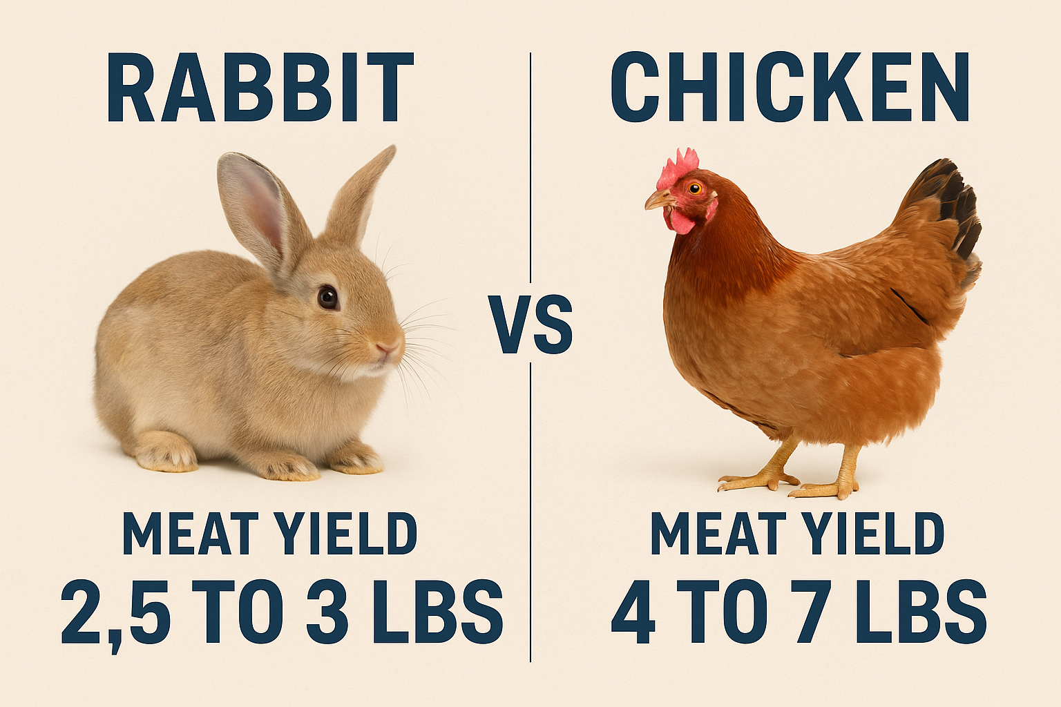 A side-by-side infographic comparing meat yields of a rabbit and a chicken for homesteading.