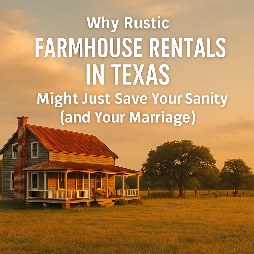 A promotional image features a rustic farmhouse with a red tin roof and wraparound porch in a peaceful Texas countryside at sunset, promoting farmhouse rentals in Texas.