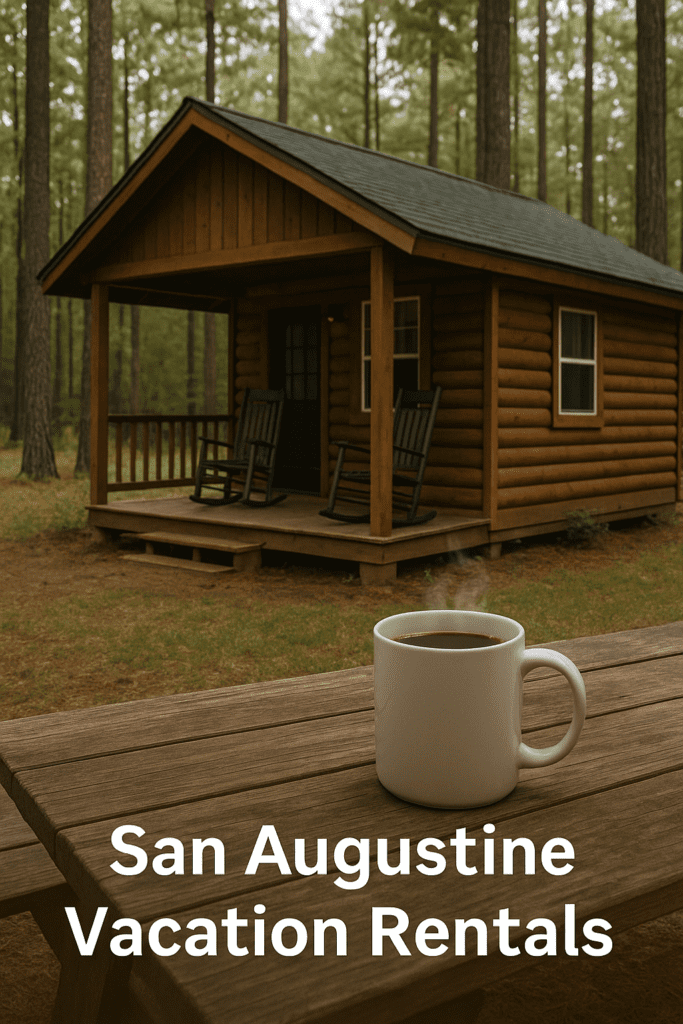 A cozy San Augustine vacation rental cabin surrounded by tall pine trees with a front porch, rocking chairs, and a steaming mug of coffee on a wooden table.