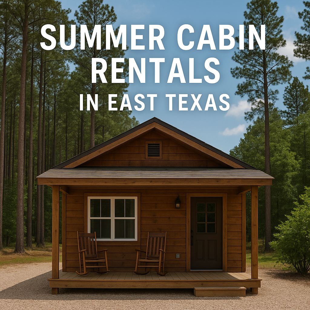 A rustic East Texas summer cabin with rocking chairs on the porch, surrounded by tall pine trees and blue skies.