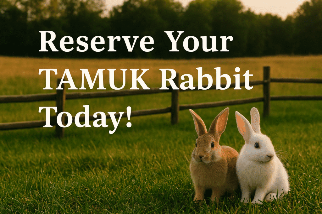 Two TAMUK rabbits sitting on green grass in front of a rustic fence with the text 'Reserve Your TAMUK Rabbit Today!'