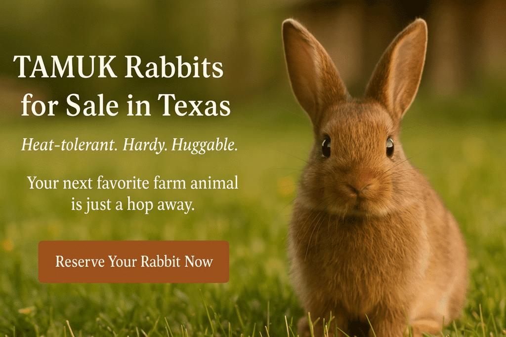 TAMUK rabbit sitting in Texas grass with text overlay promoting rabbit reservations at Cackle Berry Farm in San Augustine