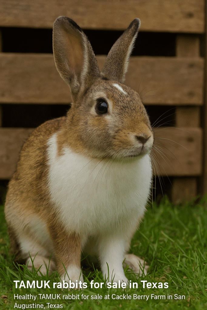 Healthy TAMUK rabbit for sale at Cackle Berry Farm in San Augustine, Texas