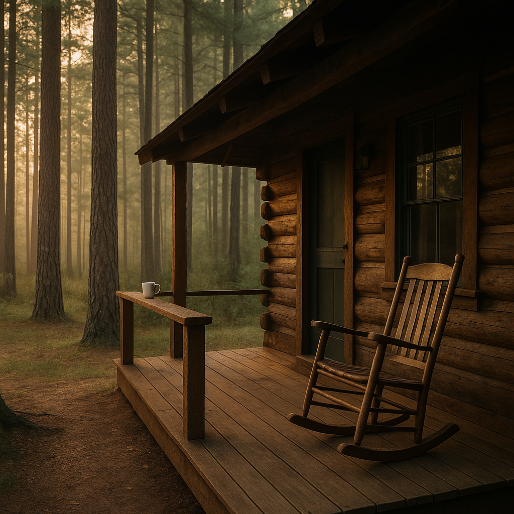 Rustic cabin in the Pineywoods of East Texas at Bland Lake Hideaway, surrounded by pine trees with a front porch and morning light.