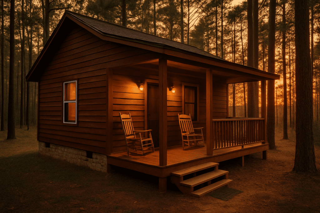 A rustic wooden cabin with a front porch and two rocking chairs, surrounded by tall pine trees at sunset in the Pineywoods.