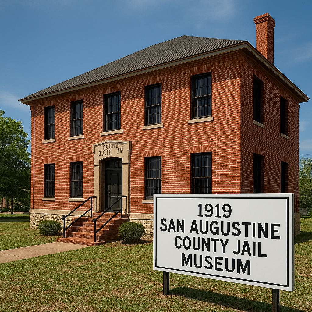 Historic red-brick building of the 1919 San Augustine County Jail Museum with a white sign in front