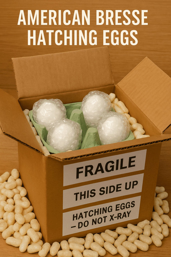 American Bresse hatching eggs individually wrapped in bubble wrap and packed in a labeled shipping box with cushioning peanuts.