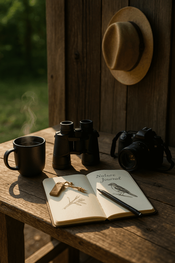 Birdwatching gear on a rustic table with coffee, journal, binoculars, and camera at Bland Lake Hideaway.