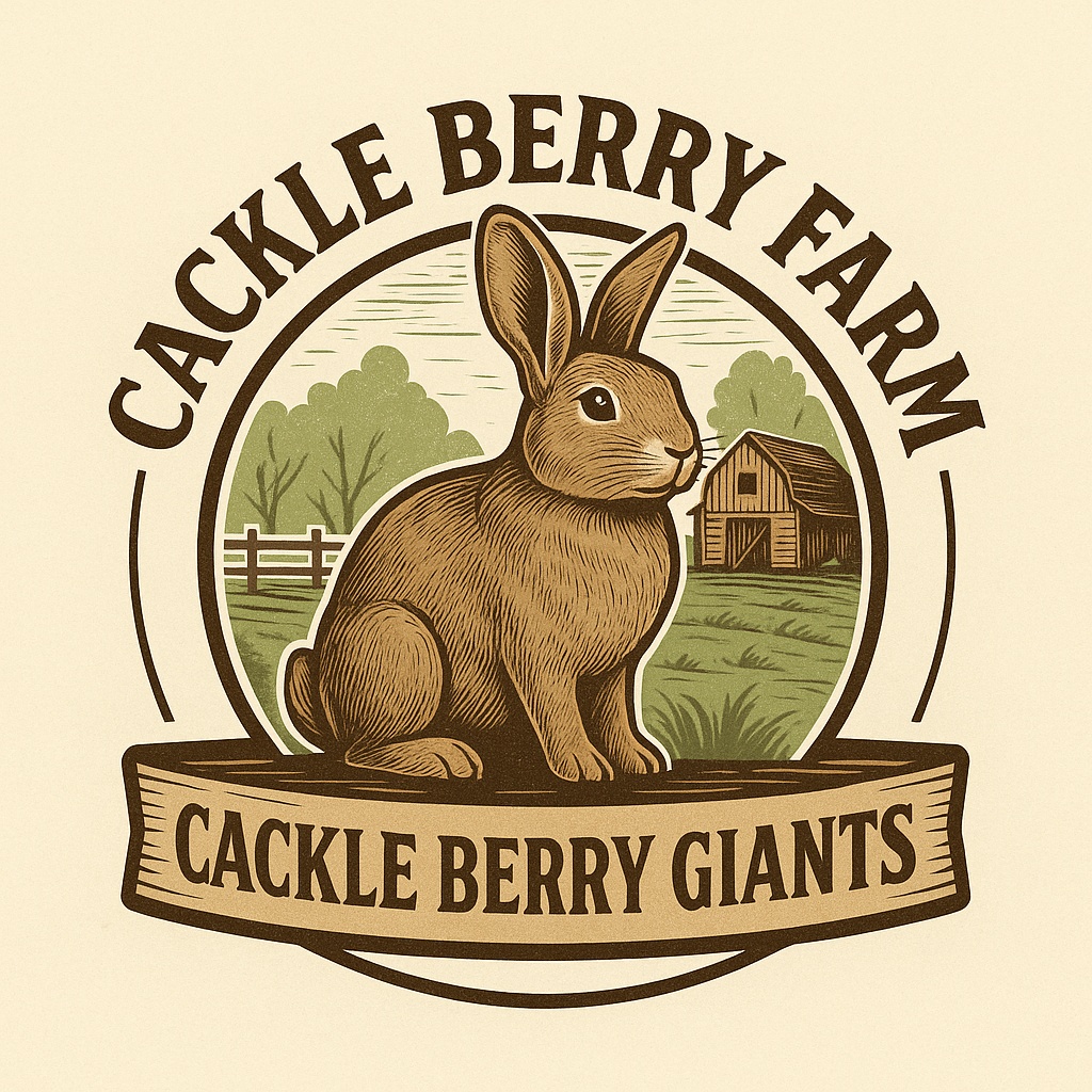 Cackle Berry Farm logo showing a TAMUK rabbit in front of a barn and pasture, labeled "Cackle Berry Giants."