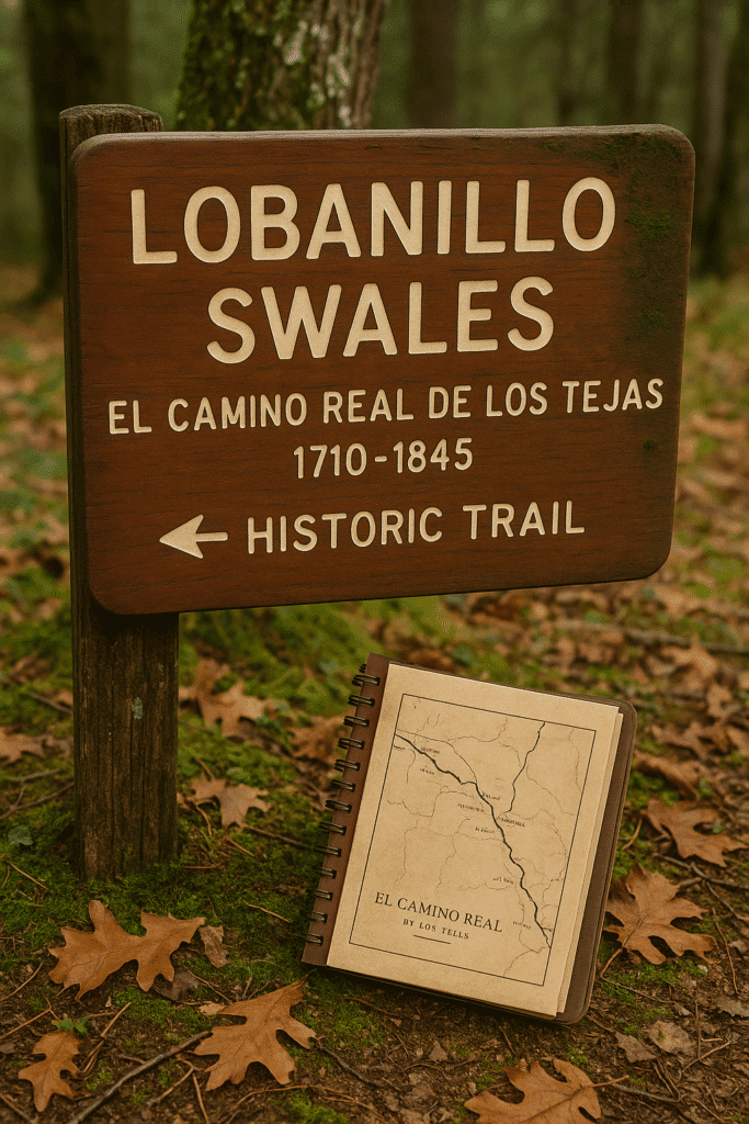 Wooden trail sign reading "Lobanillo Swales - El Camino Real de los Tejas 1710–1845" with a historic map journal placed nearby in a wooded forest setting.