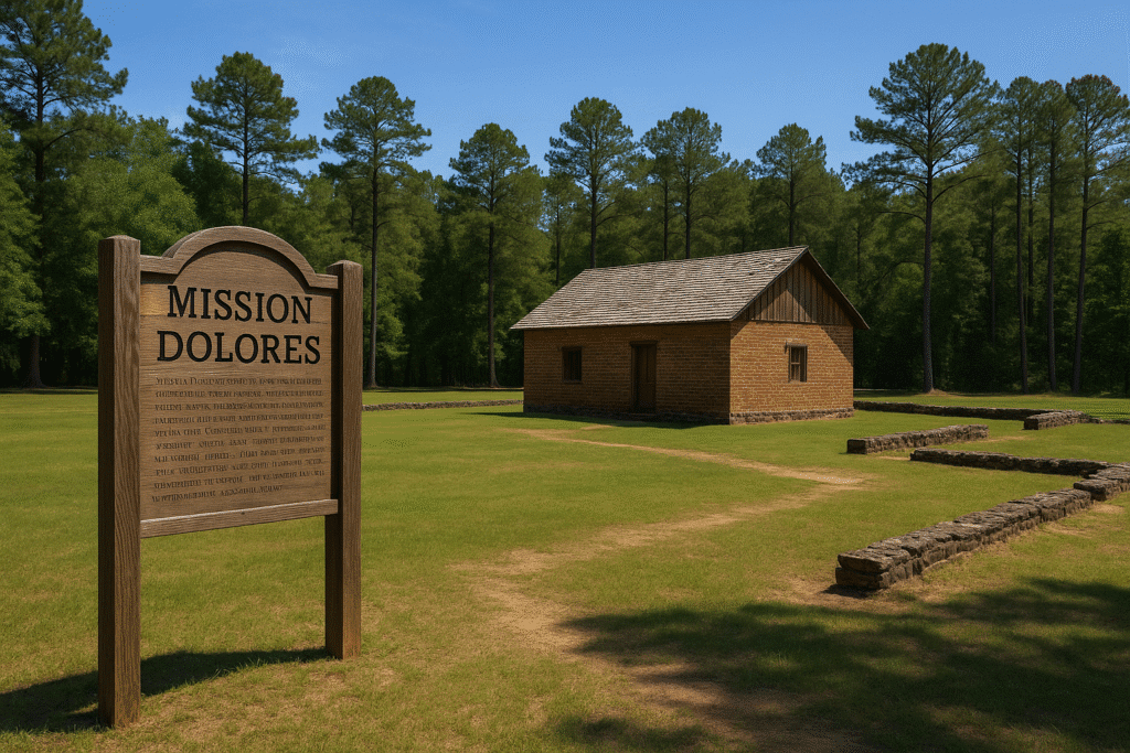 View of the historic Mission Dolores site in San Augustine, TX with a piney woods backdrop. Bland Lake Hideaway | places to stay near the Mission Delores