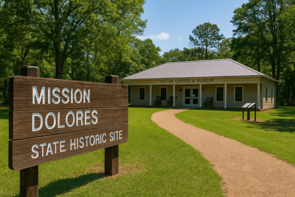 Visitor Center at Mission Dolores State Historic Site in San Augustine, Texas, with a wooden sign and gravel trail surrounded by trees and green lawn.