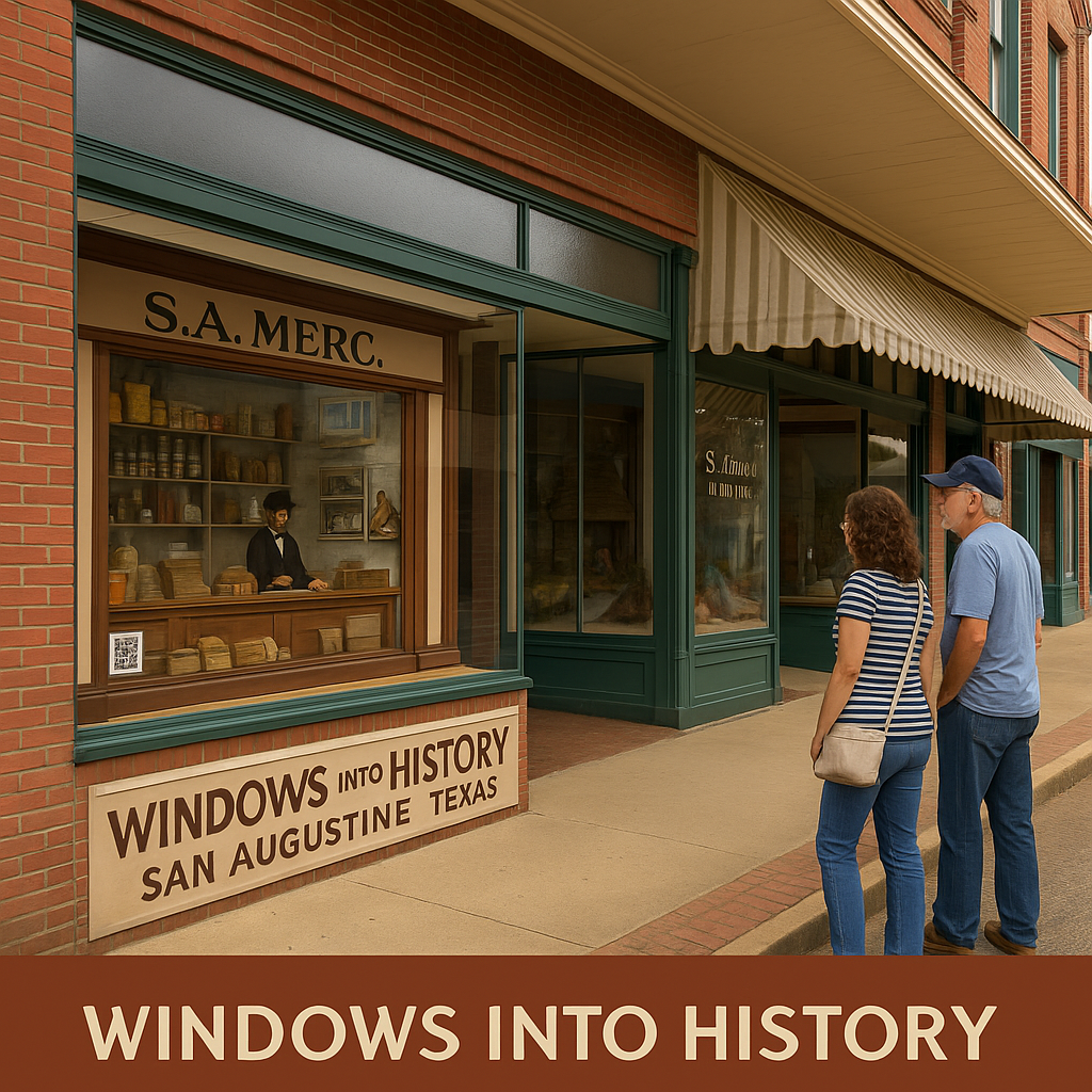 Couple viewing a historical storefront display in downtown San Augustine, Texas, part of the Windows Into History walking exhibit