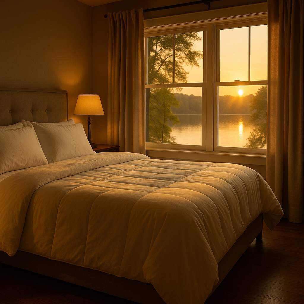 Luxury bed with soft white bedding in a cozy bedroom overlooking Bland Lake at sunrise