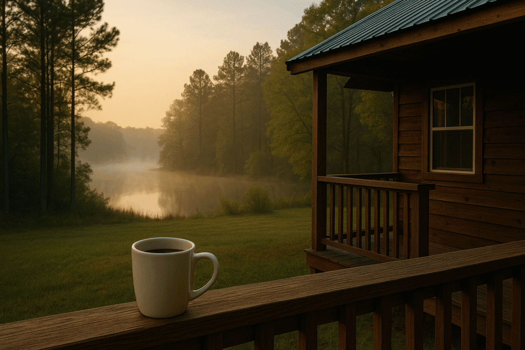 Rustic cabin near Sabine National Forest with coffee mug on porch at sunrise.