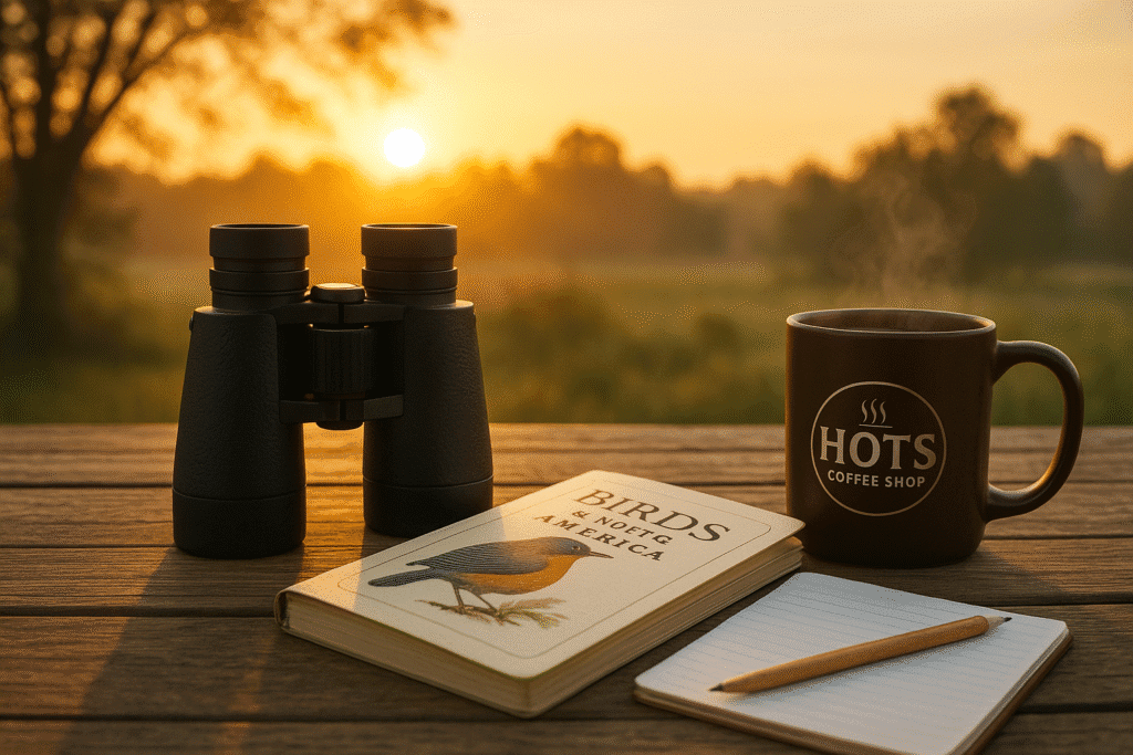 Bird watching kit on wooden table at sunrise with binoculars, bird guide, notebook, and HOTS Coffee Shop mug