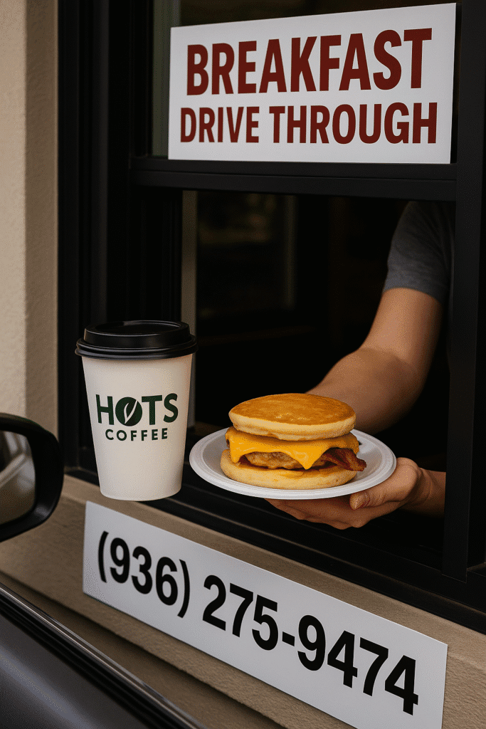 Customer receiving a pancake breakfast sandwich and HOTS Coffee at the drive-through window in San Augustine, TX