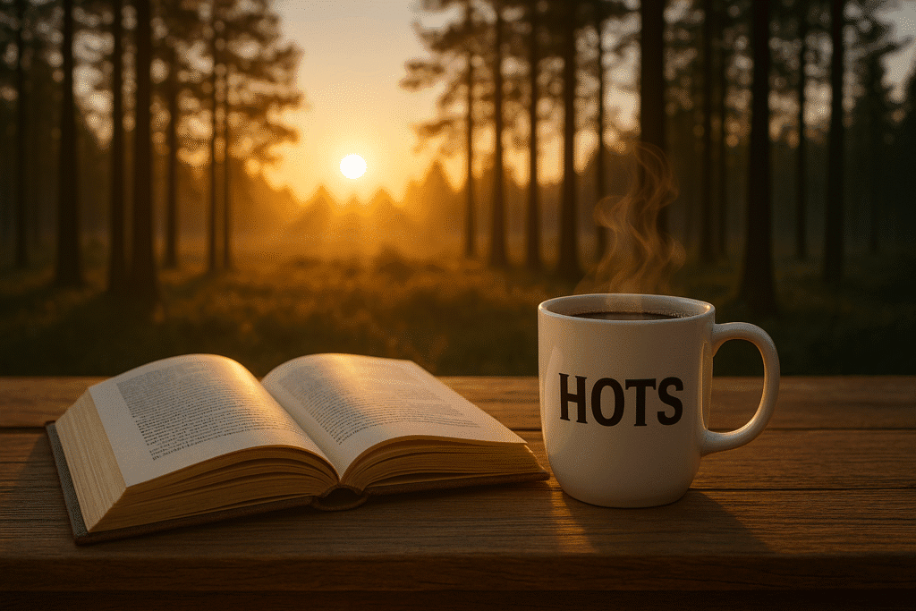 A steaming mug labeled HOTS and an open book on a wooden table at sunrise, with tall pine trees in the background.