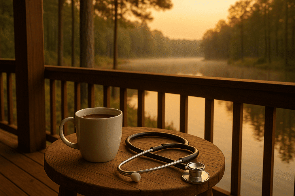 Morning porch view at Bland Lake Hideaway with coffee cup and stethoscope overlooking lake