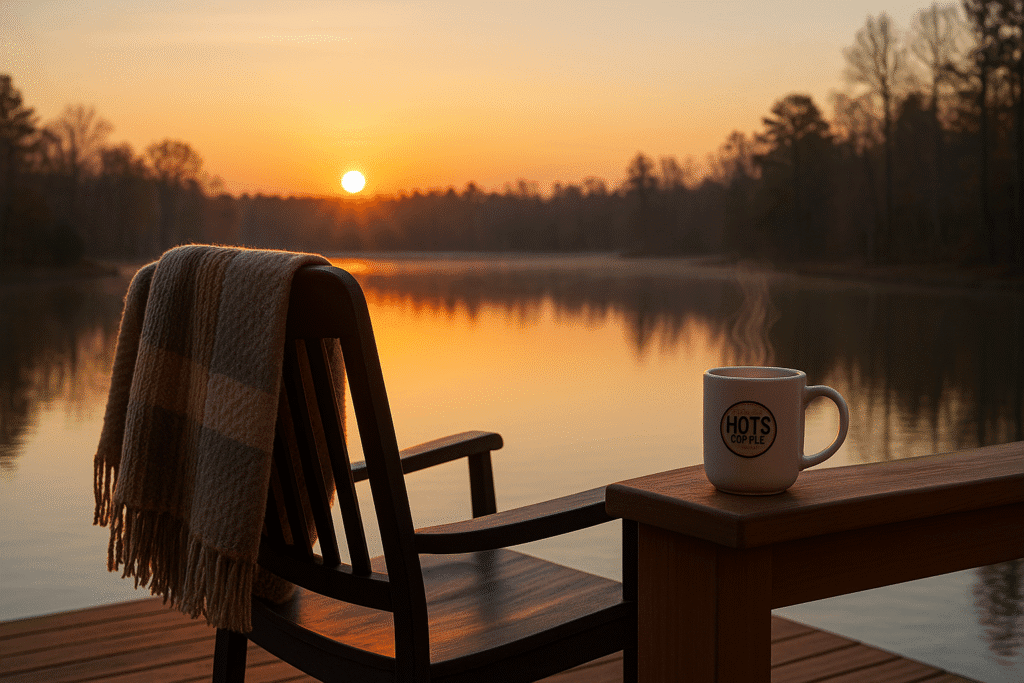 Peaceful sunrise over a lake with a blanket-draped chair and steaming HOTS Coffee mug