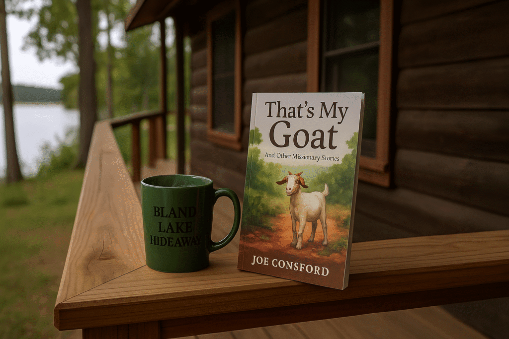 A green Bland Lake Hideaway coffee mug beside the book That’s My Goat – And Other Missionary Stories by Author Joe Consford on a rustic cabin porch overlooking the lake.